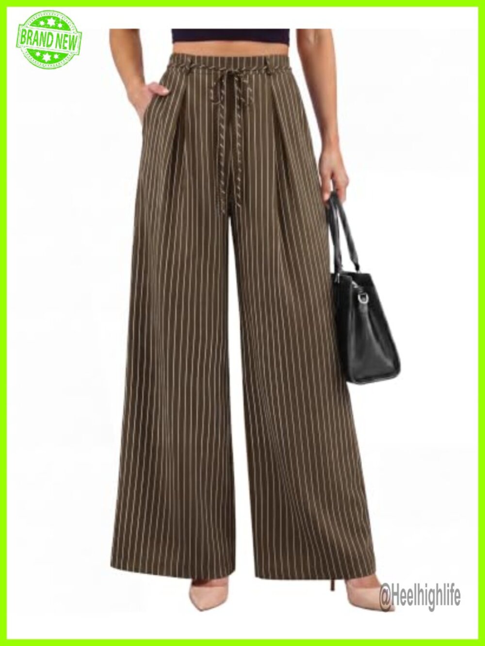 Wide Leg Striped Drawstring High Waist Trousers Casual with Pockets